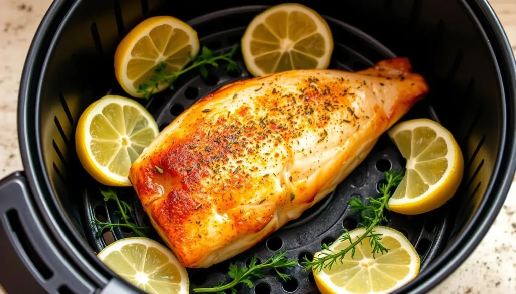 Crispy browned fish fillets cooked in an air fryer, served with lemon wedges and parsley.