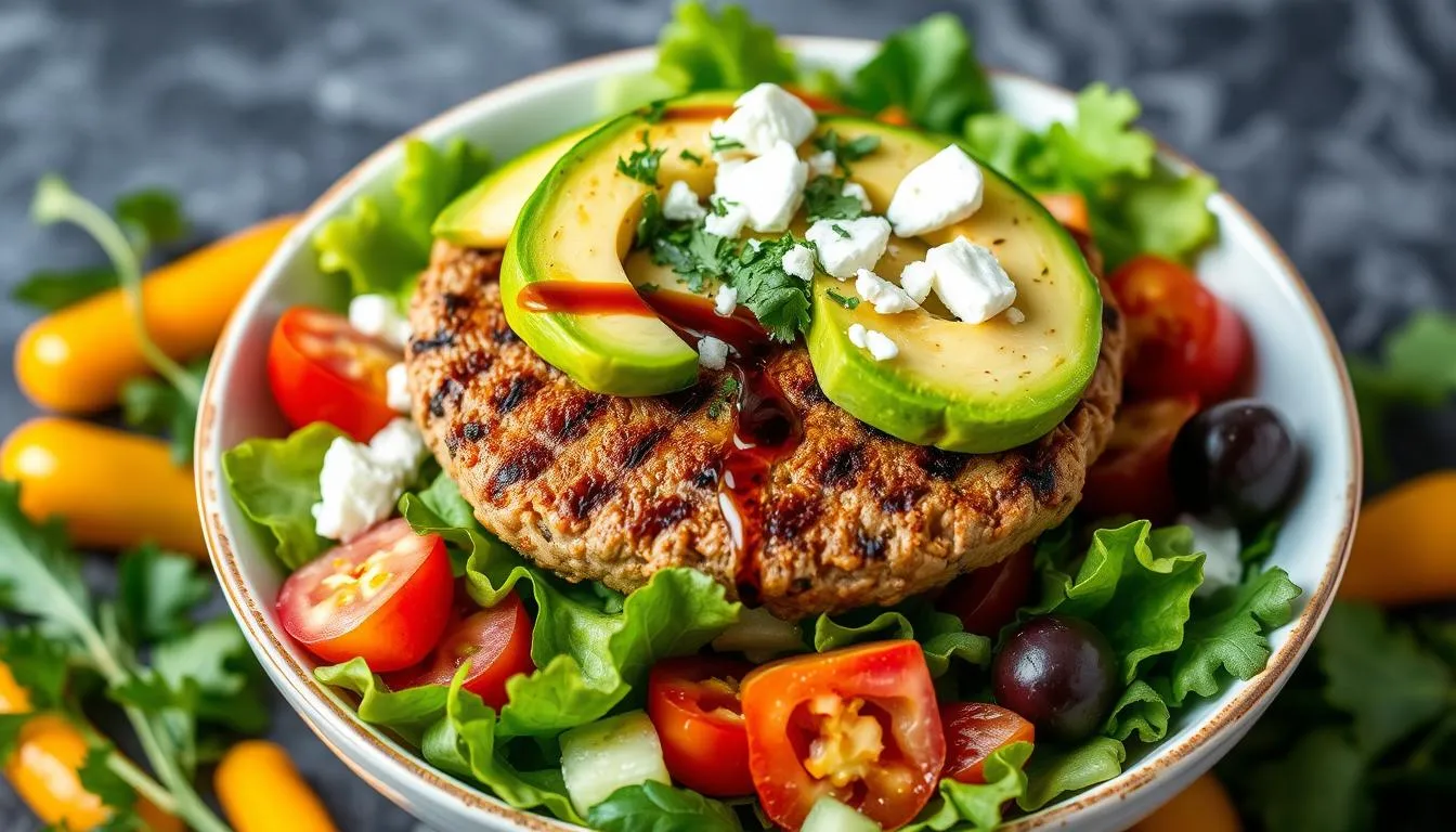 A colorful burger bowl with ground beef, fresh lettuce, diced tomatoes, pickles, shredded cheese, avocado slices, and a drizzle of burger sauce.