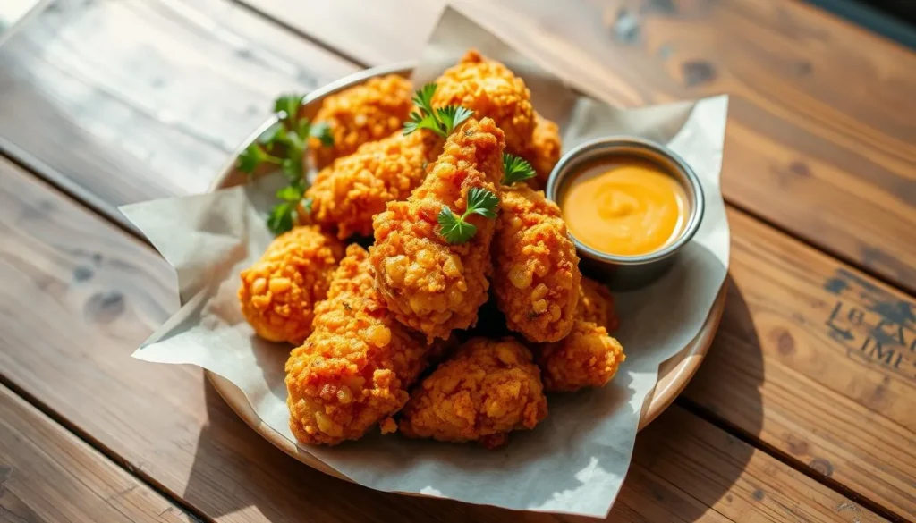 Golden brown Chicken Fritta pieces served on a white plate, garnished with parsley and paired with dipping sauces.