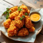 Golden brown Chicken Fritta pieces served on a white plate, garnished with parsley and paired with dipping sauces.