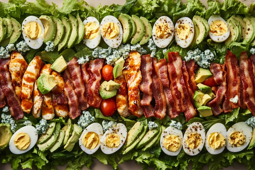 Classic Cobb Salad with rows of fresh greens, bacon, chicken, eggs, avocado, and blue cheese