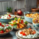 A bowl of fresh cottage cheese with a wooden spoon, garnished with herbs and served on a rustic wooden table.