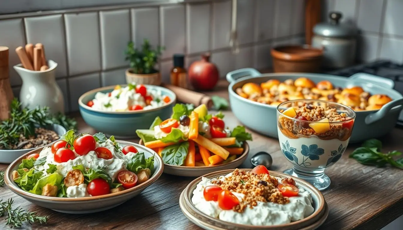 A bowl of fresh cottage cheese with a wooden spoon, garnished with herbs and served on a rustic wooden table.