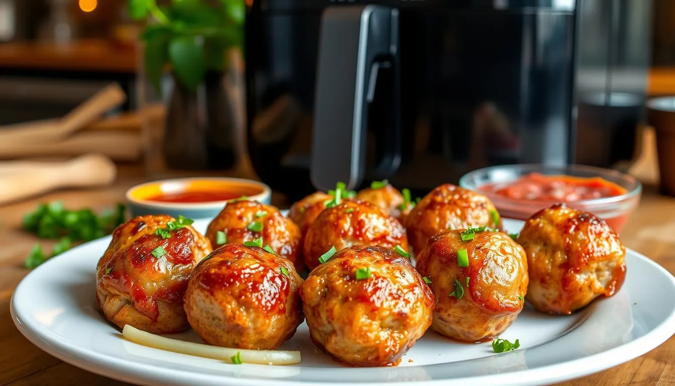 Perfectly cooked frozen meatballs in an air fryer basket, golden and crispy.