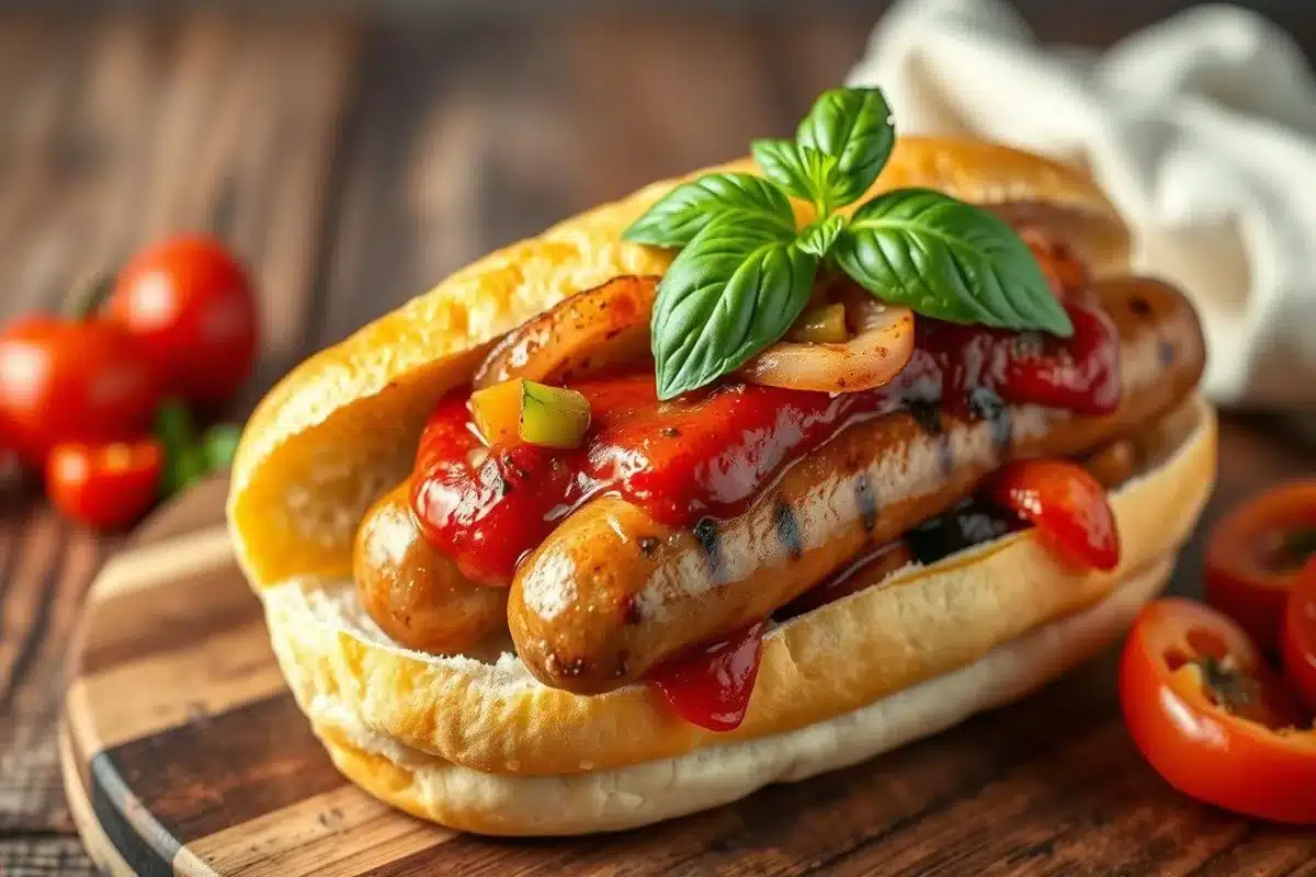 A hearty Italian sausage sandwich with grilled sausage, sautéed peppers, and onions, served in a fresh hoagie roll.