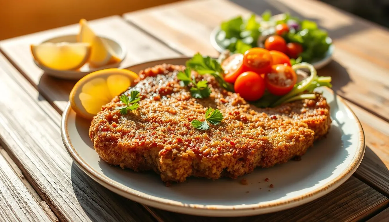 Crispy Milanesa steak topped with fresh parsley, served with a side of lemon wedges and a small salad on a white plate.