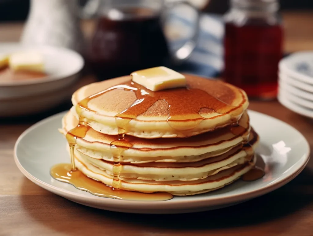 Classic Pancakes topped with butter and maple syrup.