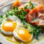 A plate of prosciutto and eggs with fresh herbs, served with toasted bread on a rustic wooden table.