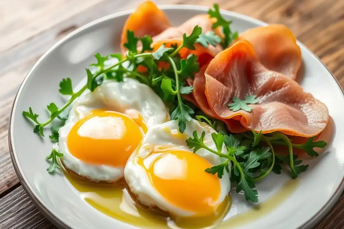 A plate of prosciutto and eggs with fresh herbs, served with toasted bread on a rustic wooden table.