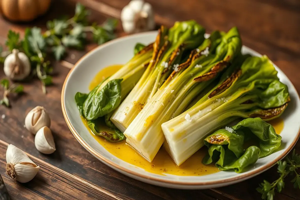 Roasted bok choy halves with charred edges, drizzled with sesame oil and garnished with sesame seeds, served on a white plate.