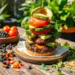 A delicious soybean burger served on a whole-grain bun with lettuce, tomato, and avocado, perfect for a healthy, plant-based meal.