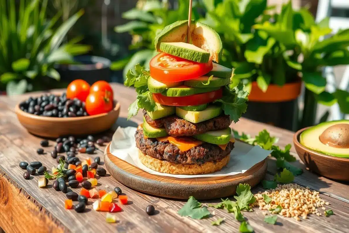 A delicious soybean burger served on a whole-grain bun with lettuce, tomato, and avocado, perfect for a healthy, plant-based meal.