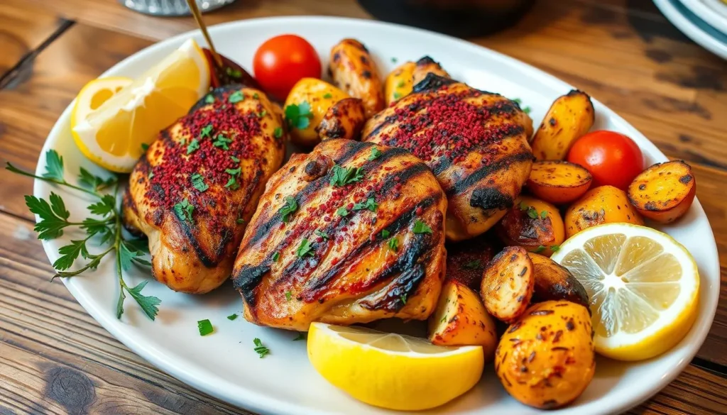 Roasted sumac chicken served with red onions, parsley, and lemon wedges on a white plate.