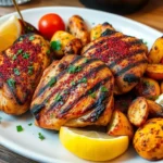 Roasted sumac chicken served with red onions, parsley, and lemon wedges on a white plate.