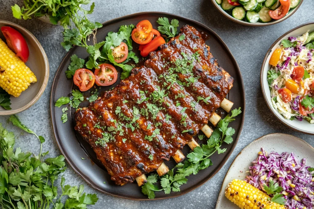 Juicy BBQ ribs glazed with barbecue sauce and garnished with fresh herbs on a wooden platter