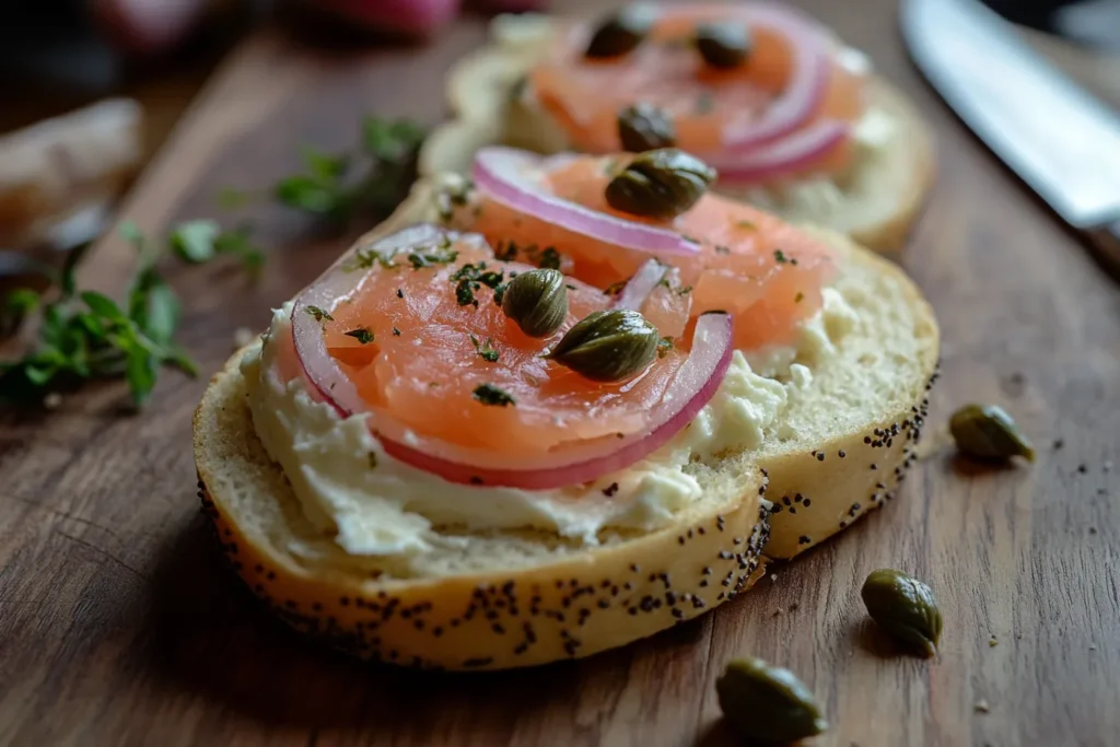 Bagel with cream cheese and smoked salmon, garnished with capers