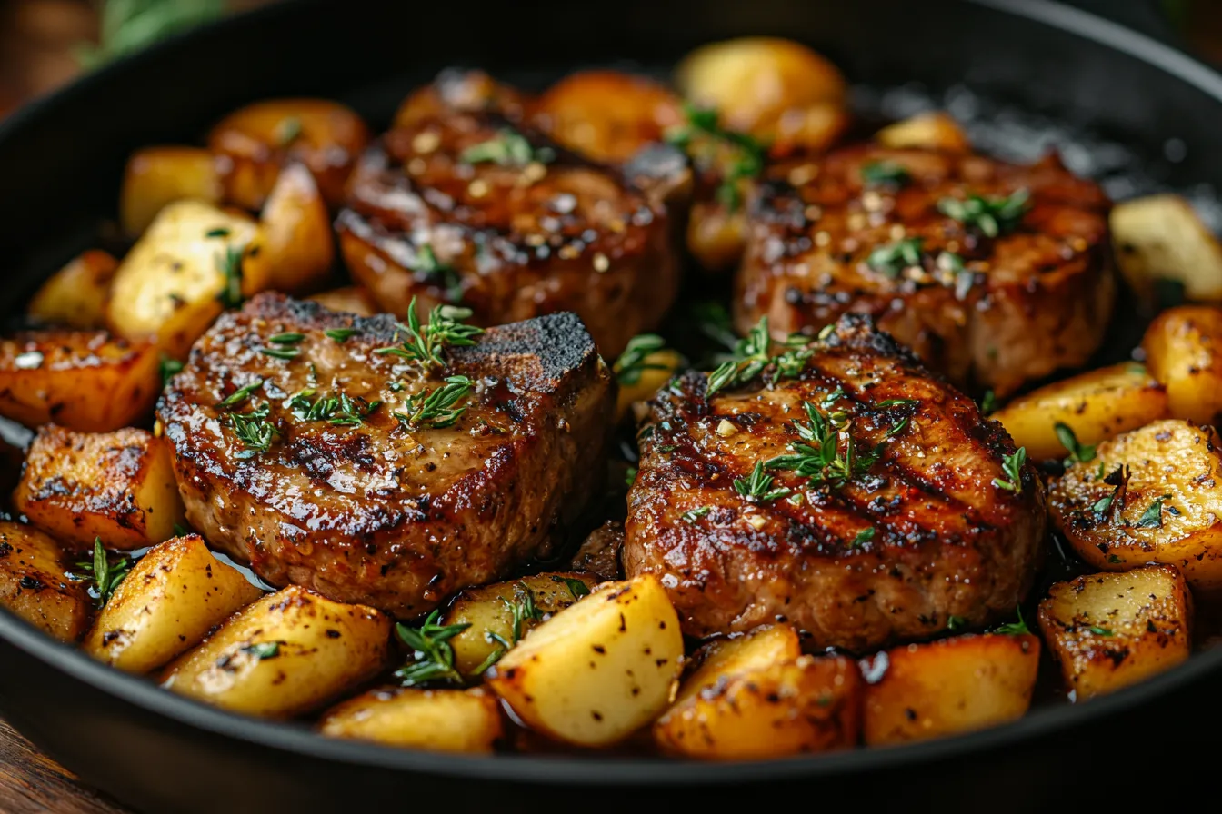 A plate of beef chops served with caramelized apples, fresh herbs, and a rich glaze.