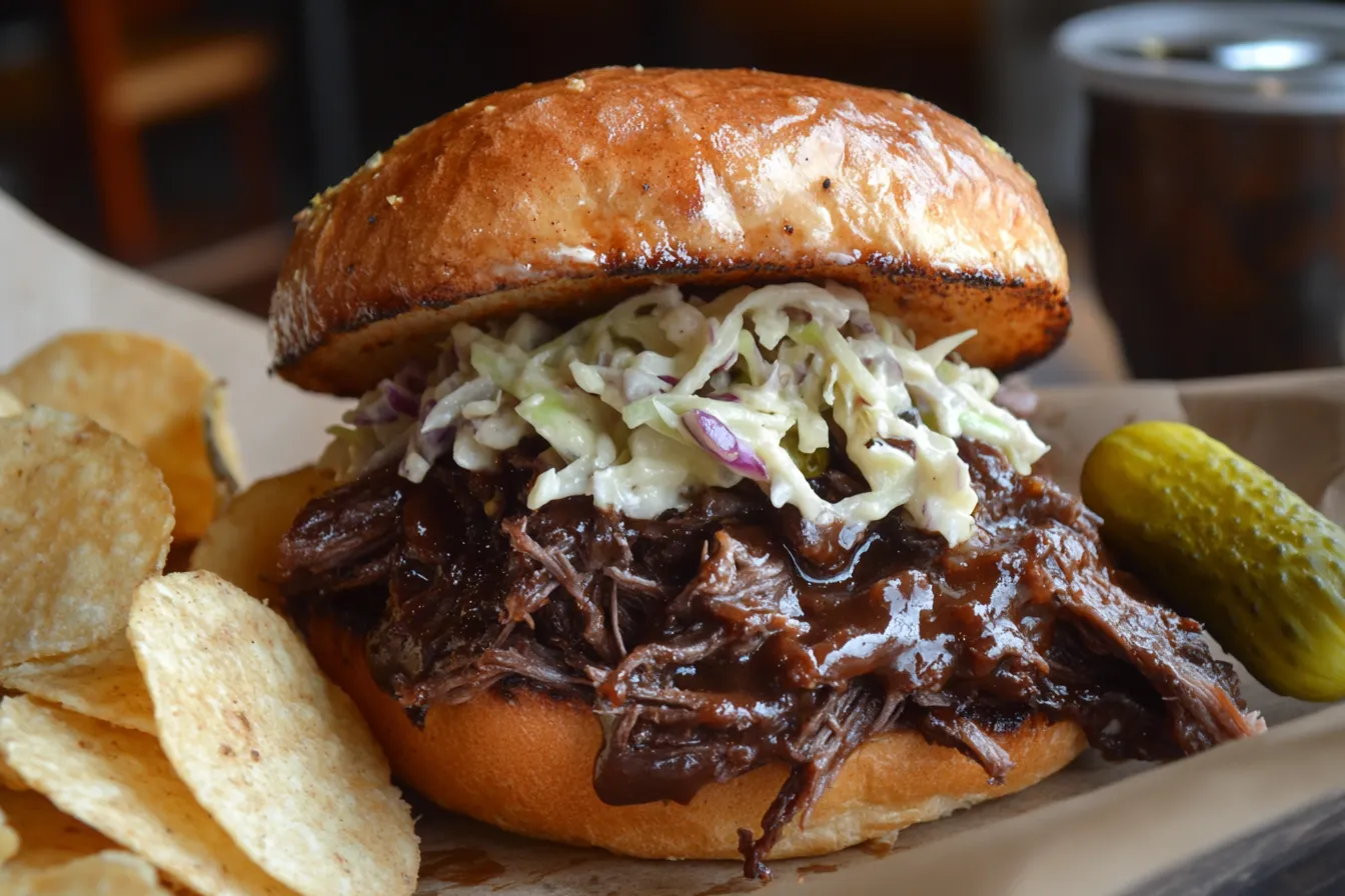 BBQ pulled beef sandwich with coleslaw on a toasted bun