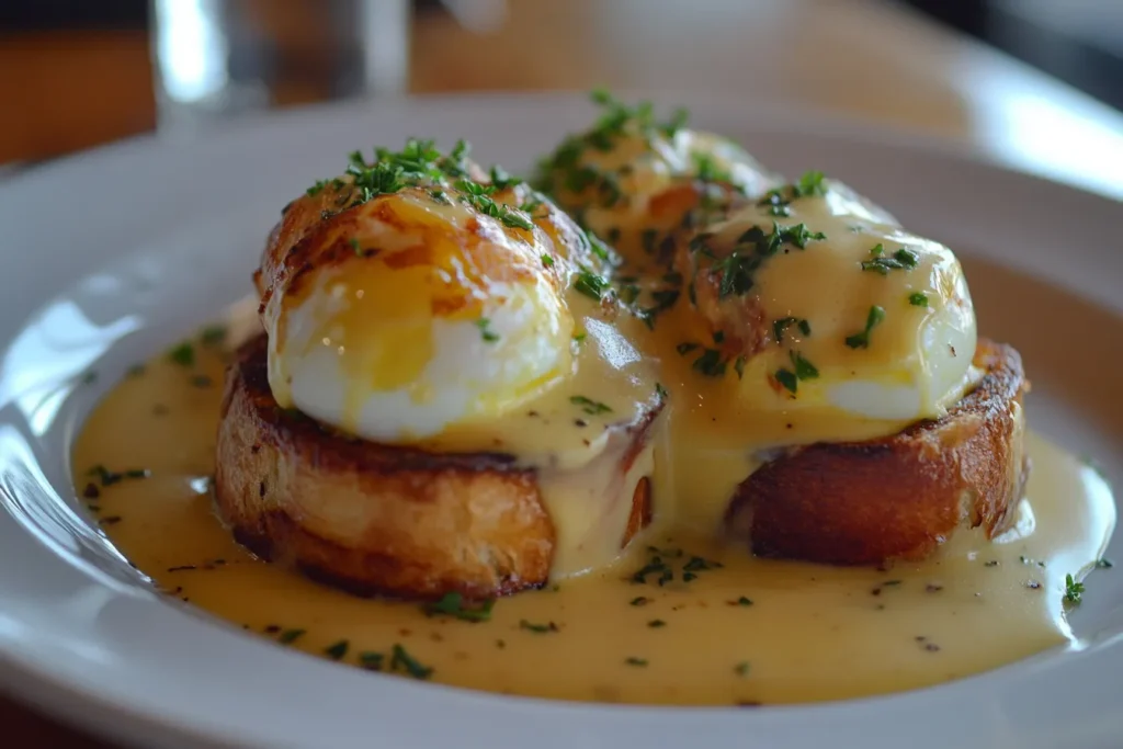 Classic Eggs Benedict with poached eggs, Hollandaise sauce, and English muffins served on a plate