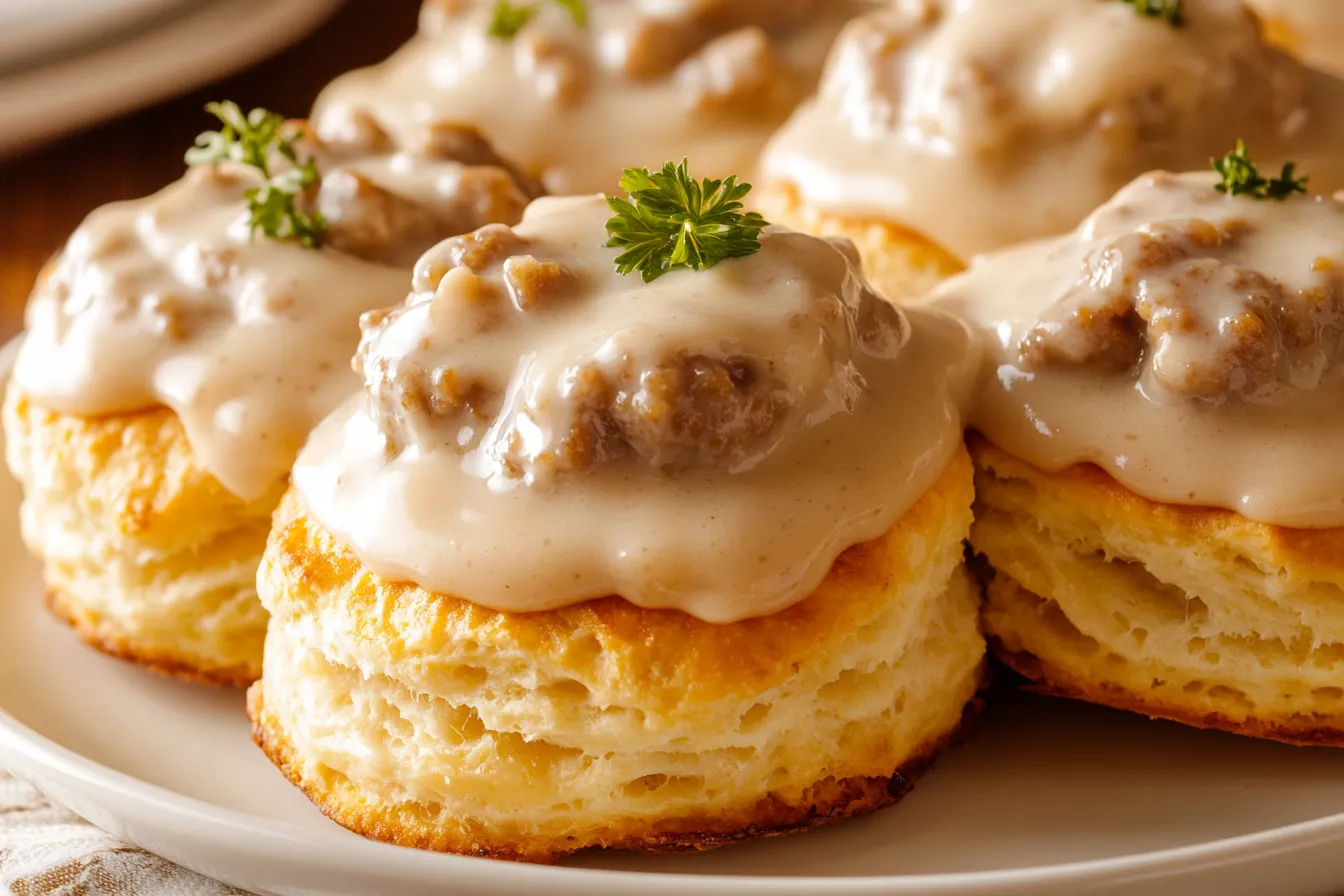 Biscuits topped with creamy sausage gravy on a white plate