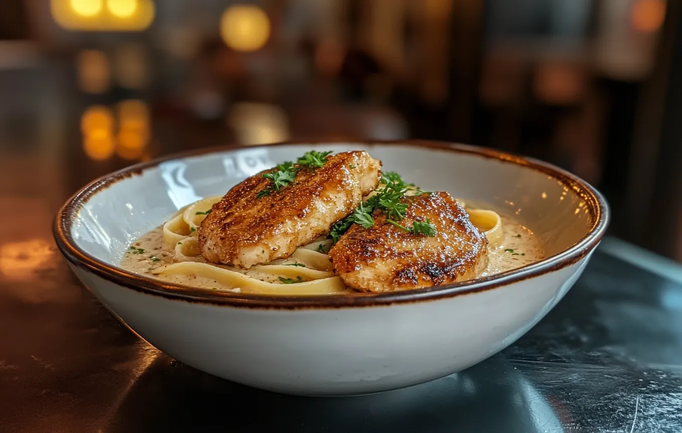 Classic Chicken Alfredo Pasta with creamy sauce and grilled chicken served in a bowl