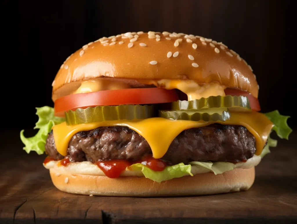 Classic cheeseburger with a juicy beef patty, melted cheese, fresh lettuce, tomato slices, and pickles on a sesame seed bun.