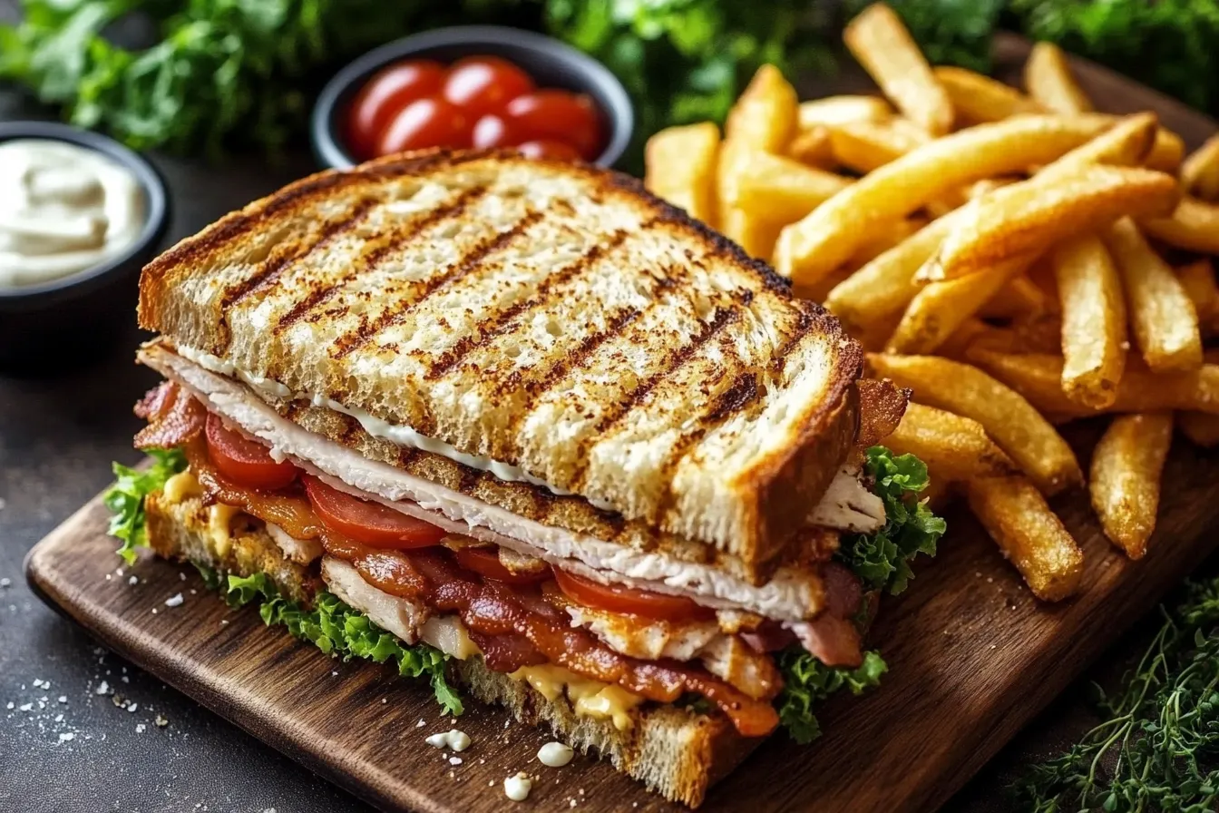 Classic club sandwich with layers of turkey, bacon, lettuce, tomato, and mayonnaise, served with a side of fries.