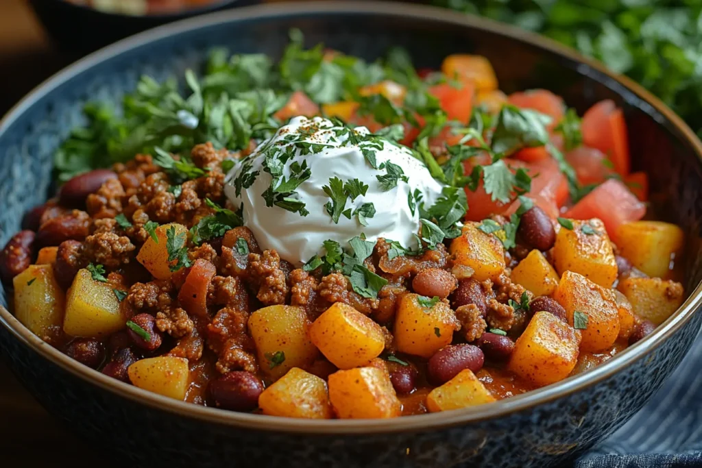 A bowl of chili con carne with ground beef, beans, and spices, garnished with sour cream and fresh cilantro.