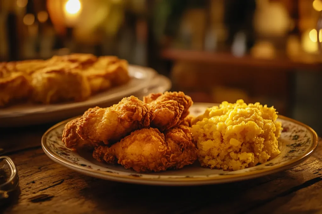 Golden, crispy fried chicken served with fluffy cornbread on a rustic wooden table.