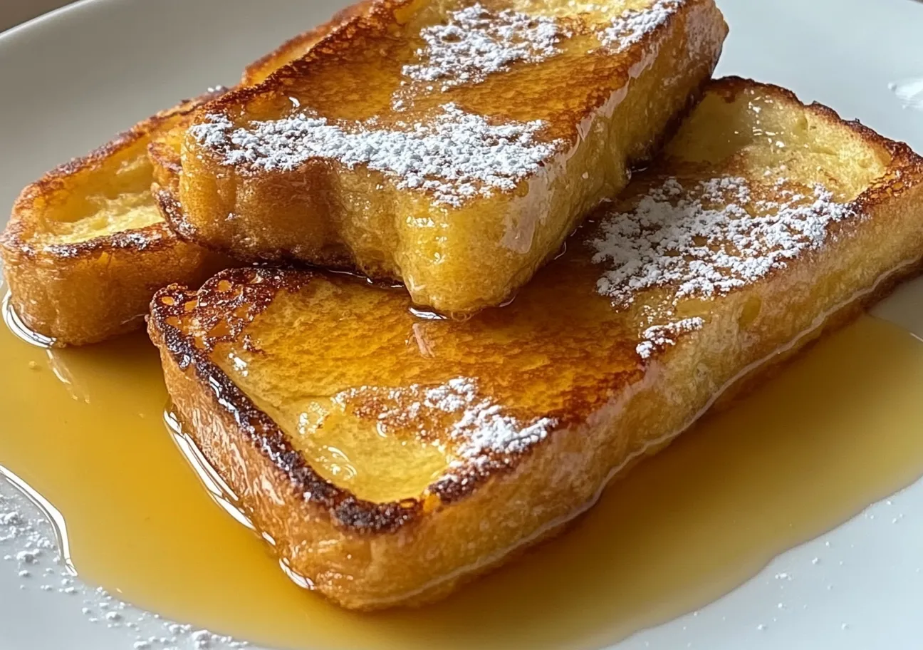 Golden brown French toast slices topped with fresh berries, syrup, and powdered sugar