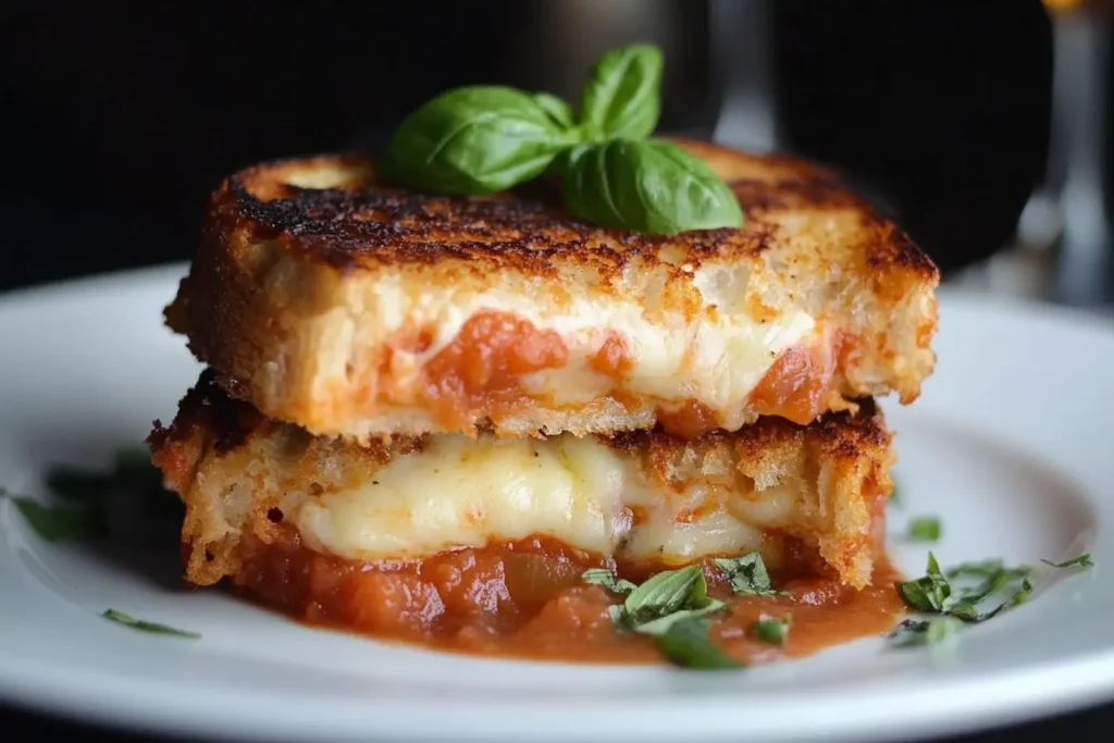 Grilled cheese sandwich with melted cheese served alongside a bowl of creamy tomato soup