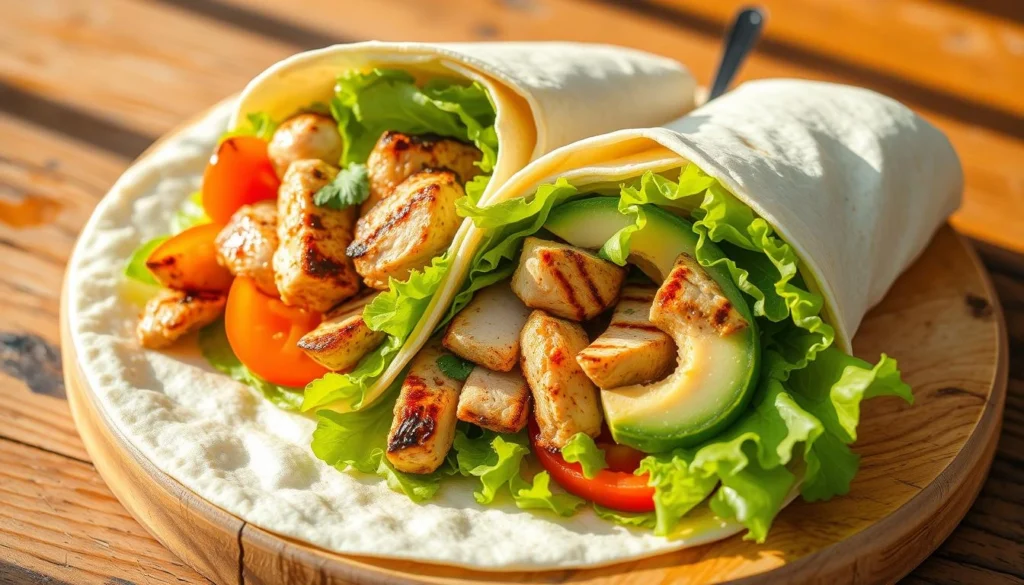 A freshly prepared grilled chicken wrap filled with lettuce, tomatoes, and a creamy dressing, served on a wooden cutting board.