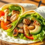 A freshly prepared grilled chicken wrap filled with lettuce, tomatoes, and a creamy dressing, served on a wooden cutting board.