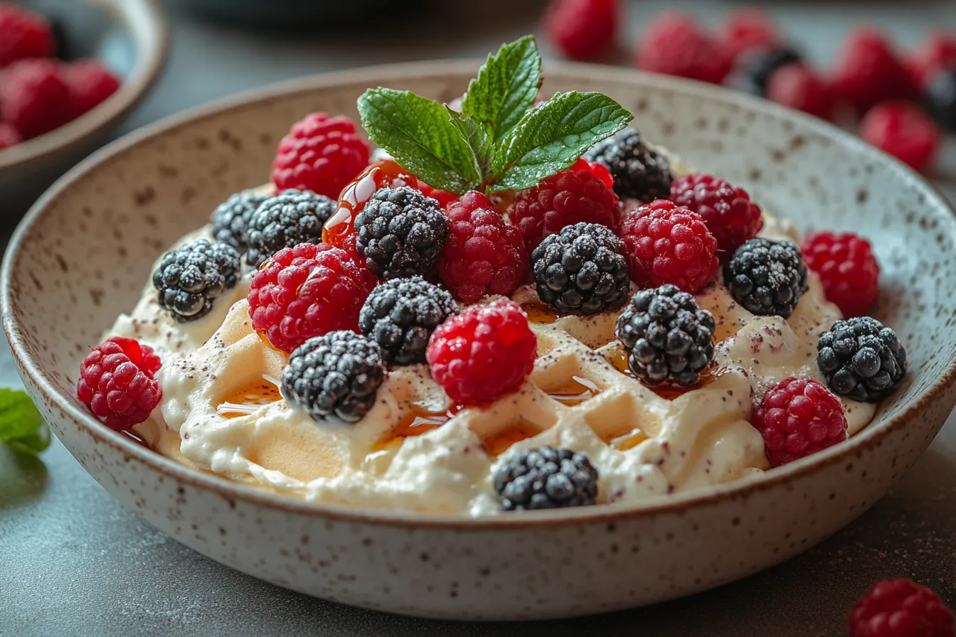 Golden waffles drizzled with rich maple syrup, topped with fresh berries on a white plate.