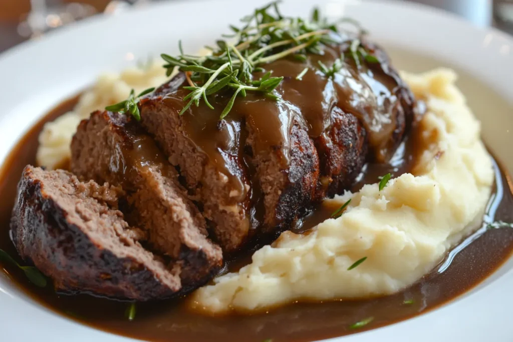 Sliced meatloaf served with creamy mashed potatoes and gravy.