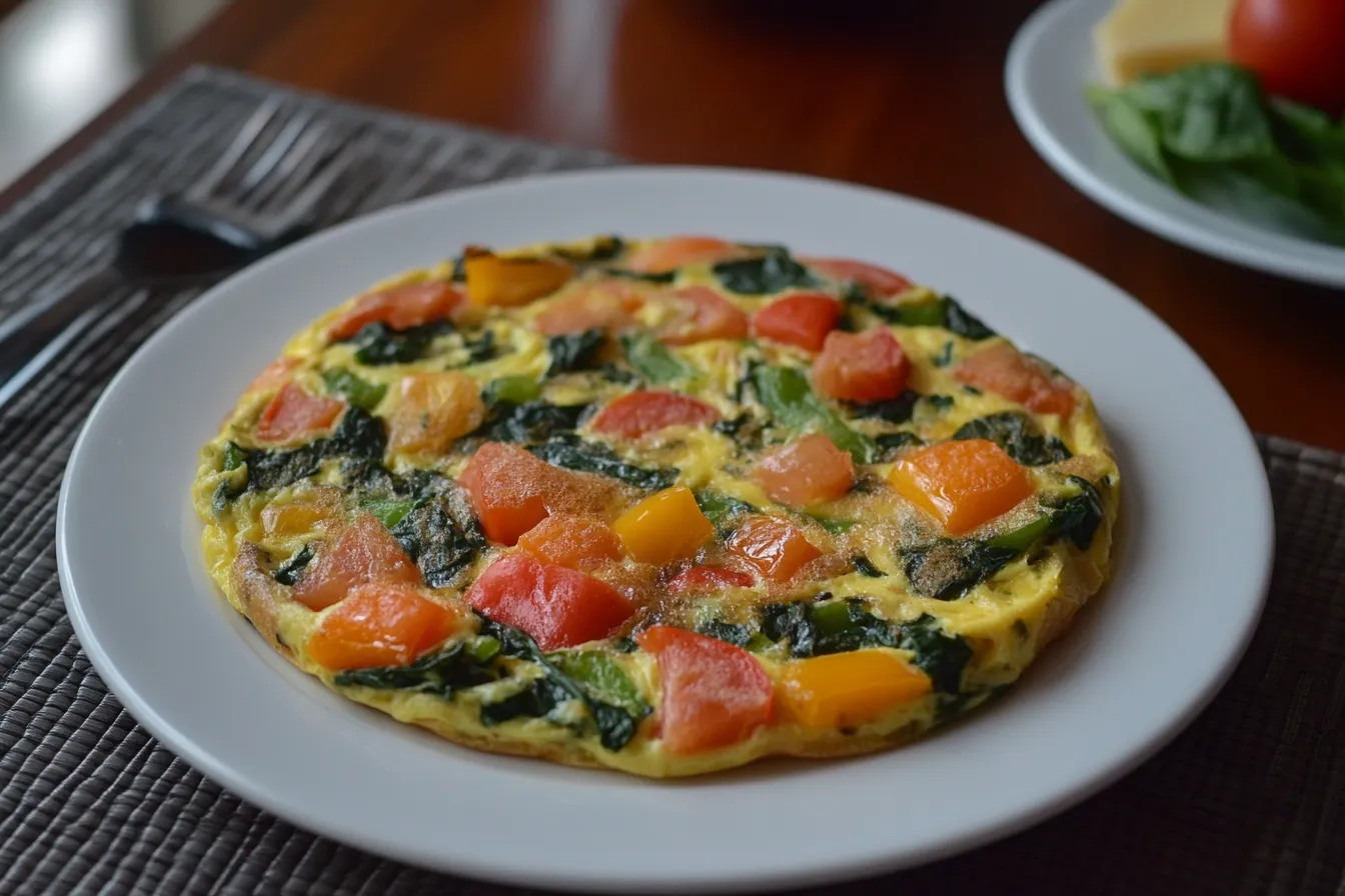 Fluffy vegetable omelette with spinach, tomatoes, bell peppers, and cheese on a plate