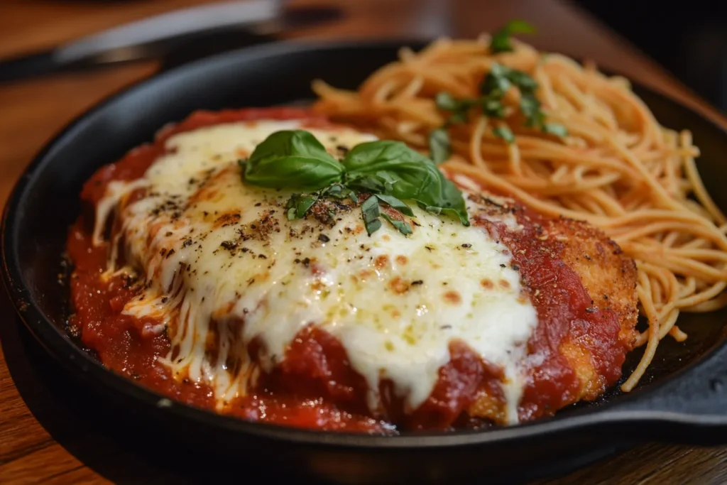 Chicken Parmesan dish with melted cheese and marinara sauce