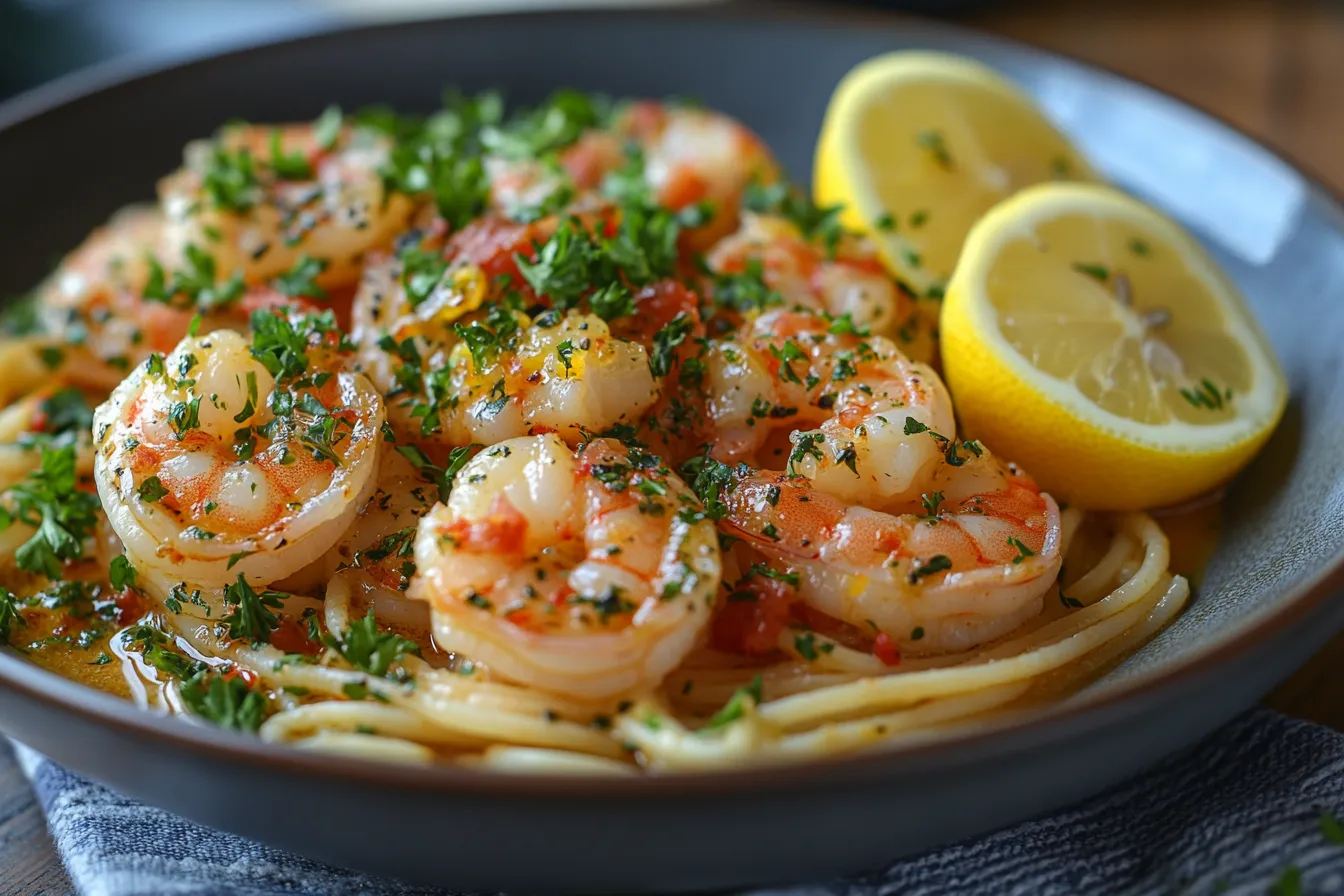 A serving of shrimp scampi garnished with parsley and lemon slices.