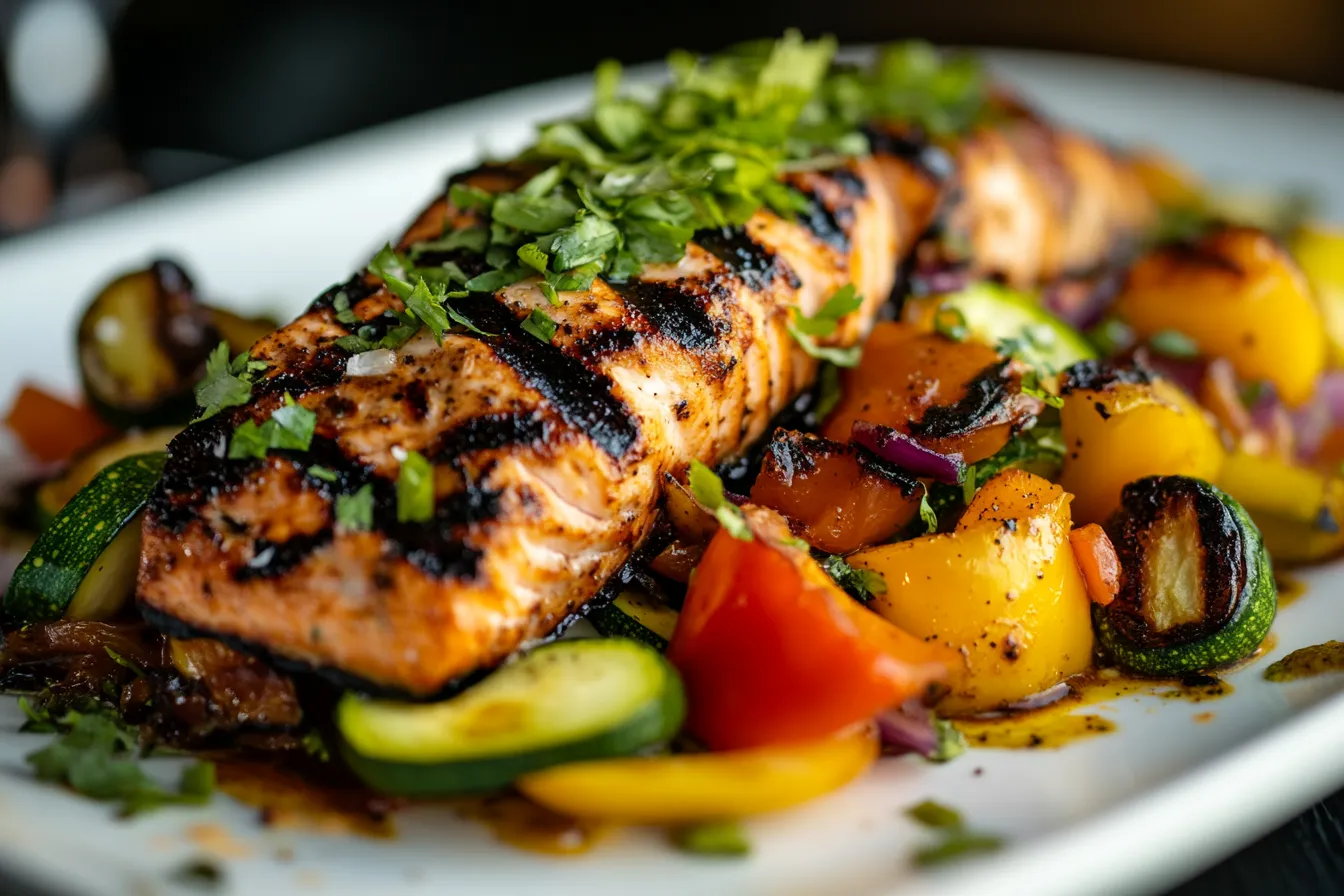 Grilled salmon fillet served with a variety of grilled vegetables.