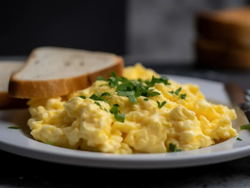 Fluffy scrambled eggs served with crispy toast on a plate.