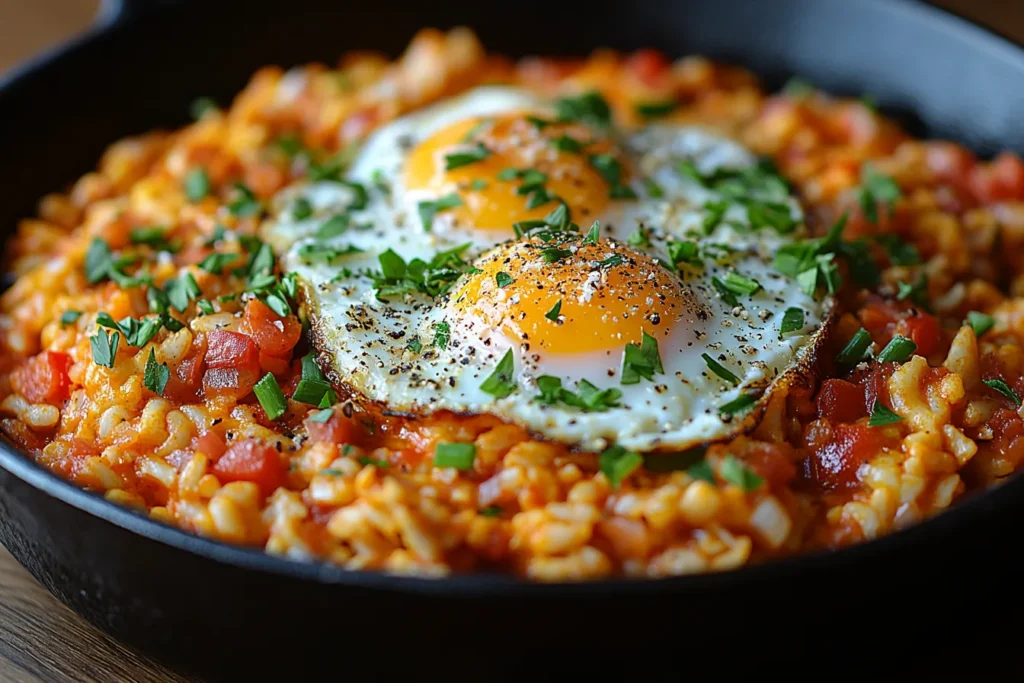 A skillet of shakshuka with poached eggs in a spiced tomato sauce, garnished with fresh parsley.