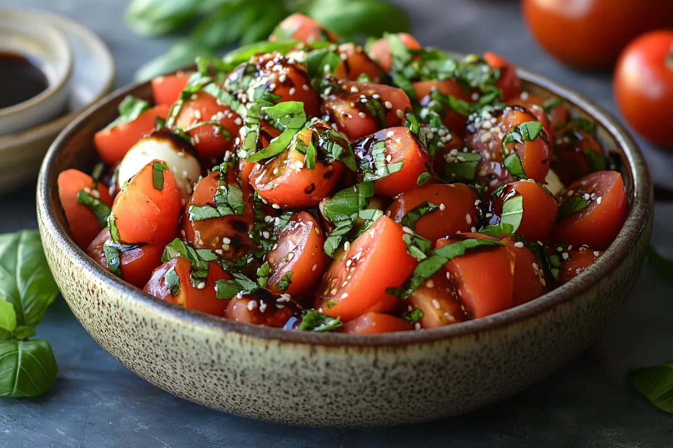 A plate of Caprese salad with sliced tomatoes, fresh mozzarella, basil leaves, and balsamic glaze.