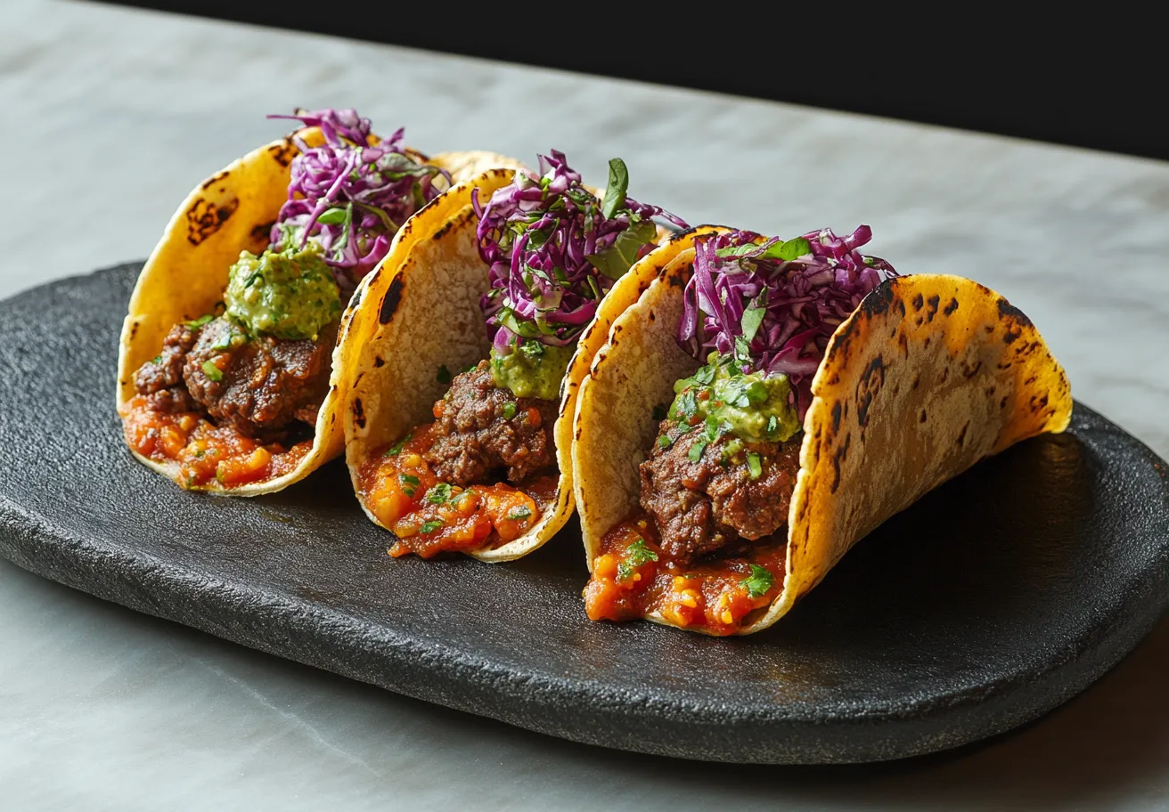 Beef tacos with seasoned ground beef, lettuce, cheese, and salsa in a crispy taco shell