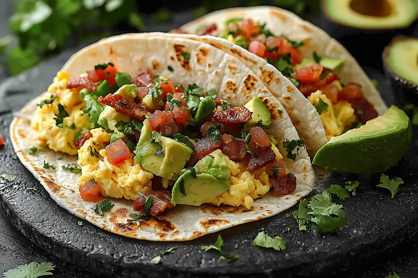 Breakfast tacos with scrambled eggs, crispy bacon, avocado, and salsa on soft tortillas.