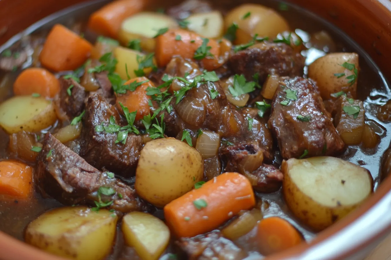 Pot roast with carrots, potatoes, and onions in a serving dish