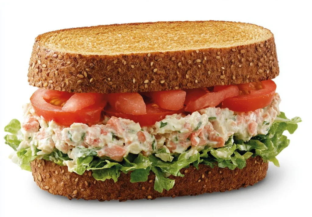 Freshly made tuna salad sandwich on whole-grain bread with lettuce and tomato