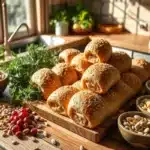 Freshly baked Buckwheat American Rolls on a rustic wooden table