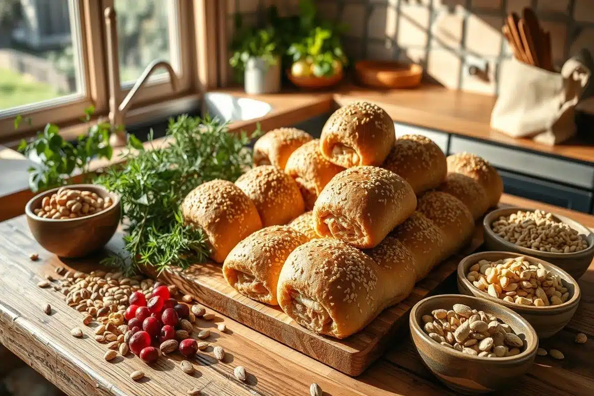 Freshly baked Buckwheat American Rolls on a rustic wooden table