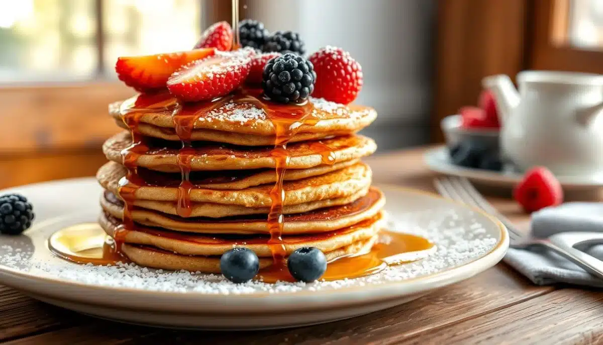 Stack of fluffy buckwheat pancakes topped with fresh berries, a pat of butter, and a drizzle of maple syrup.