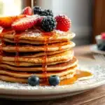 Stack of fluffy buckwheat pancakes topped with fresh berries, a pat of butter, and a drizzle of maple syrup.